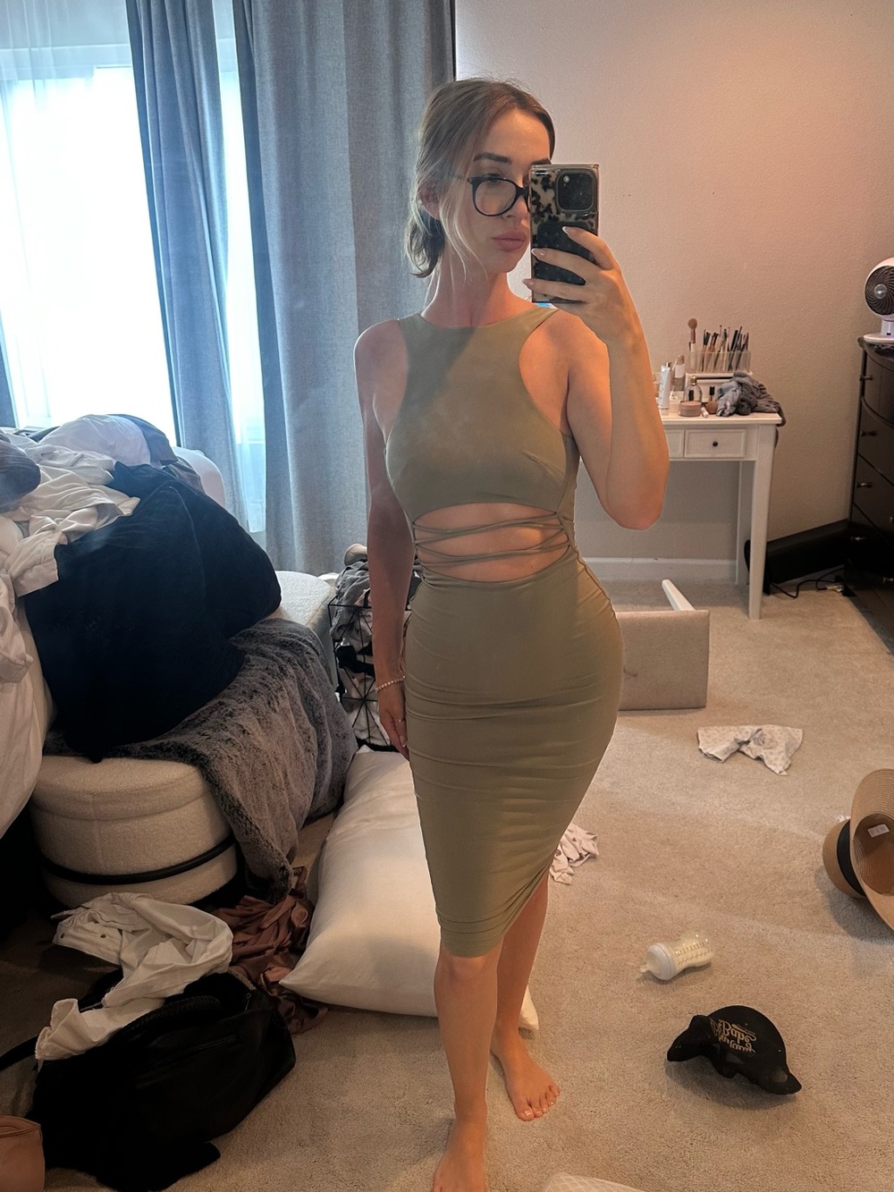 Nookie Olive Cutout Midi Dress with Crisscross Waist Straps